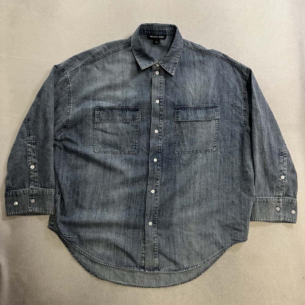 Michael Kors Oversized Denim Shirt Womens Small Washed Blue 3/4 Sleeve Button Up